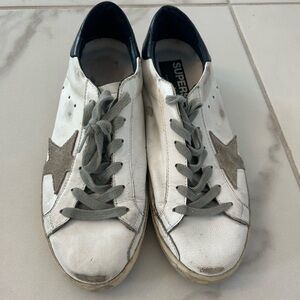 Golden Goose White Leather Sneakers with Gray Star and Laces